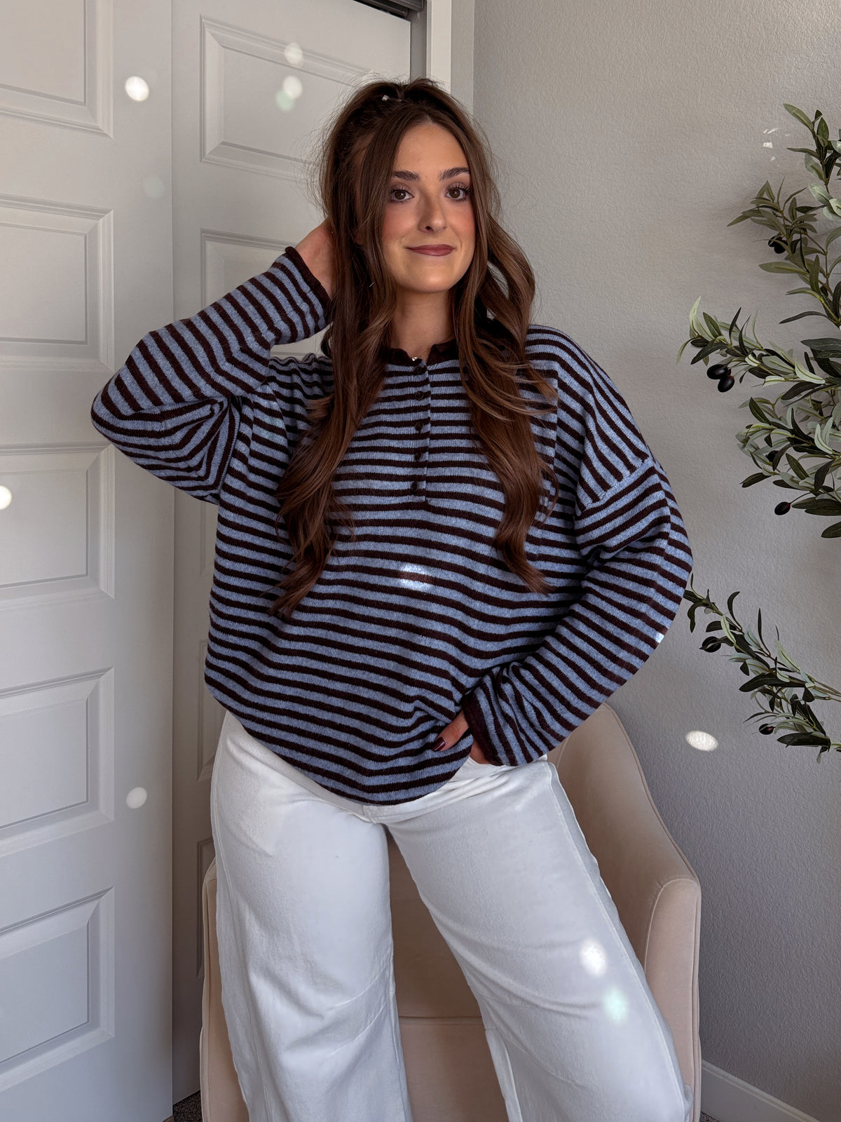 Rae Oversized Striped Henley Sweater (Blue/Chocolate Brown)