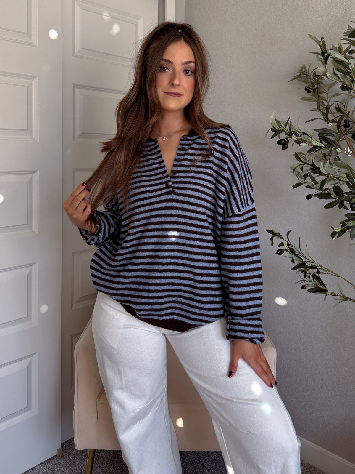 Rae Oversized Striped Henley Sweater (Blue/Chocolate Brown)
