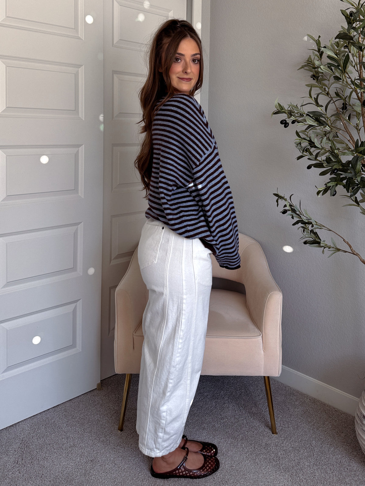 Rae Oversized Striped Henley Sweater (Blue/Chocolate Brown)