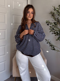 Rae Oversized Striped Henley Sweater (Blue/Chocolate Brown)