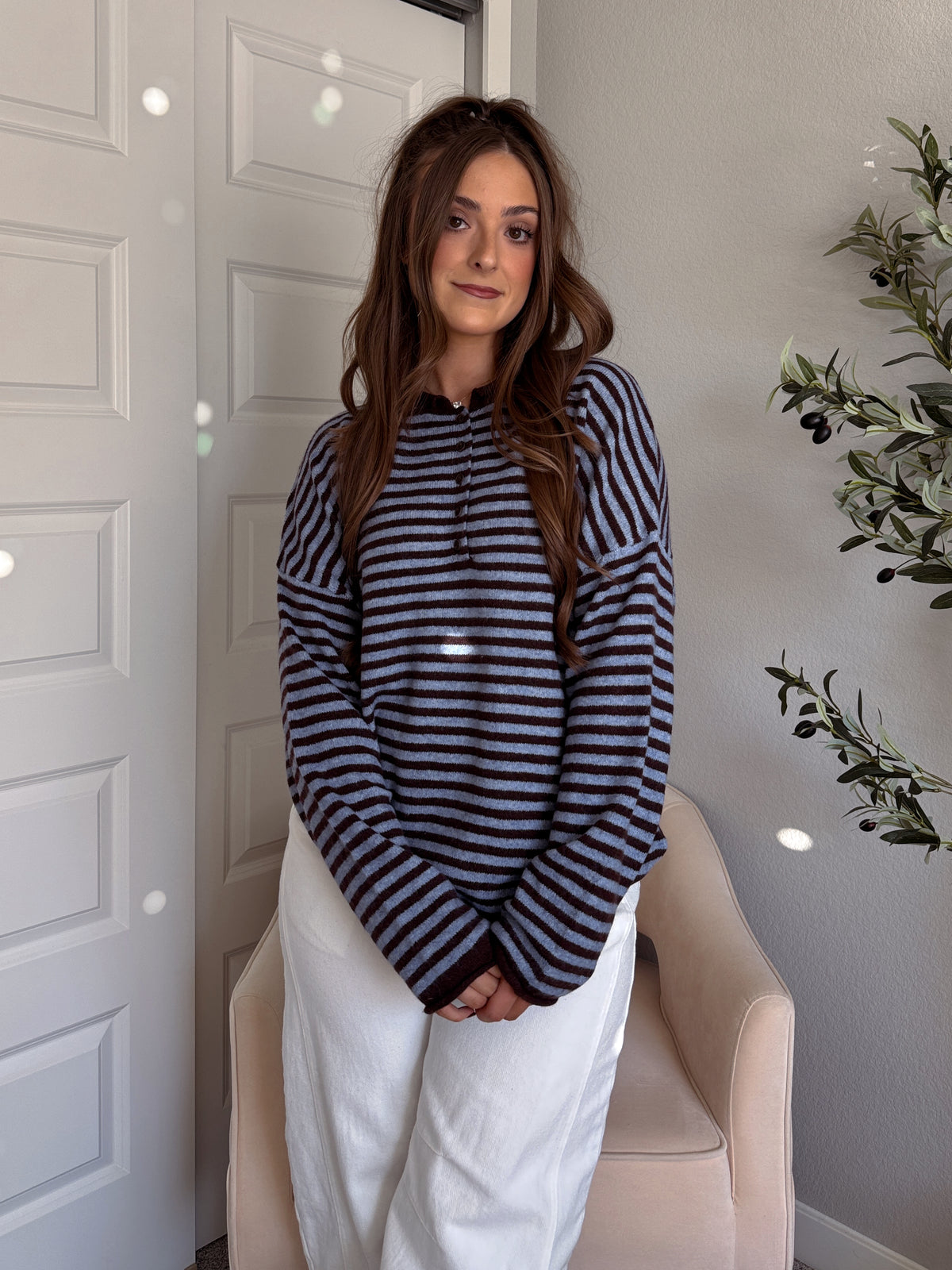 Rae Oversized Striped Henley Sweater (Blue/Chocolate Brown)