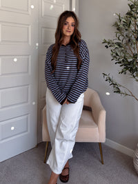 Rae Oversized Striped Henley Sweater (Blue/Chocolate Brown)