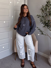 Rae Oversized Striped Henley Sweater (Blue/Chocolate Brown)