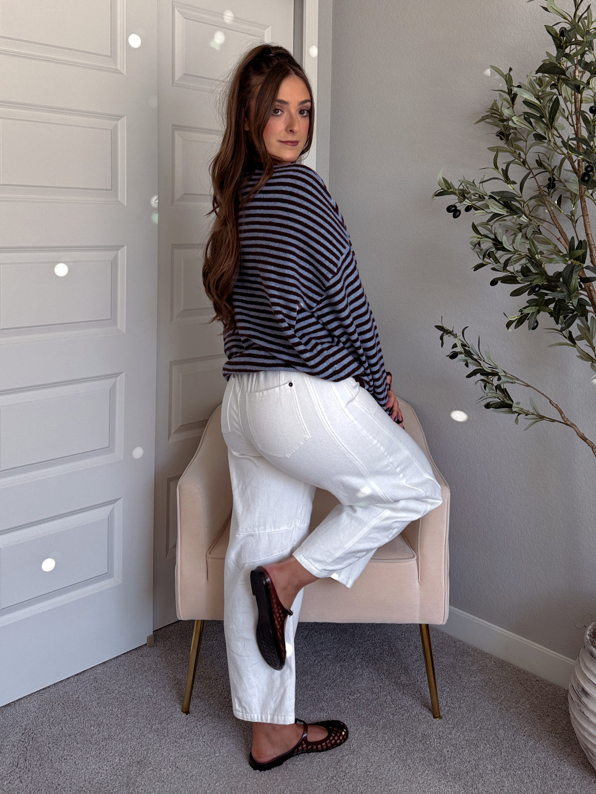 Rae Oversized Striped Henley Sweater (Blue/Chocolate Brown)