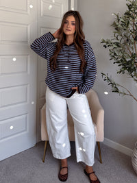 Rae Oversized Striped Henley Sweater (Blue/Chocolate Brown)