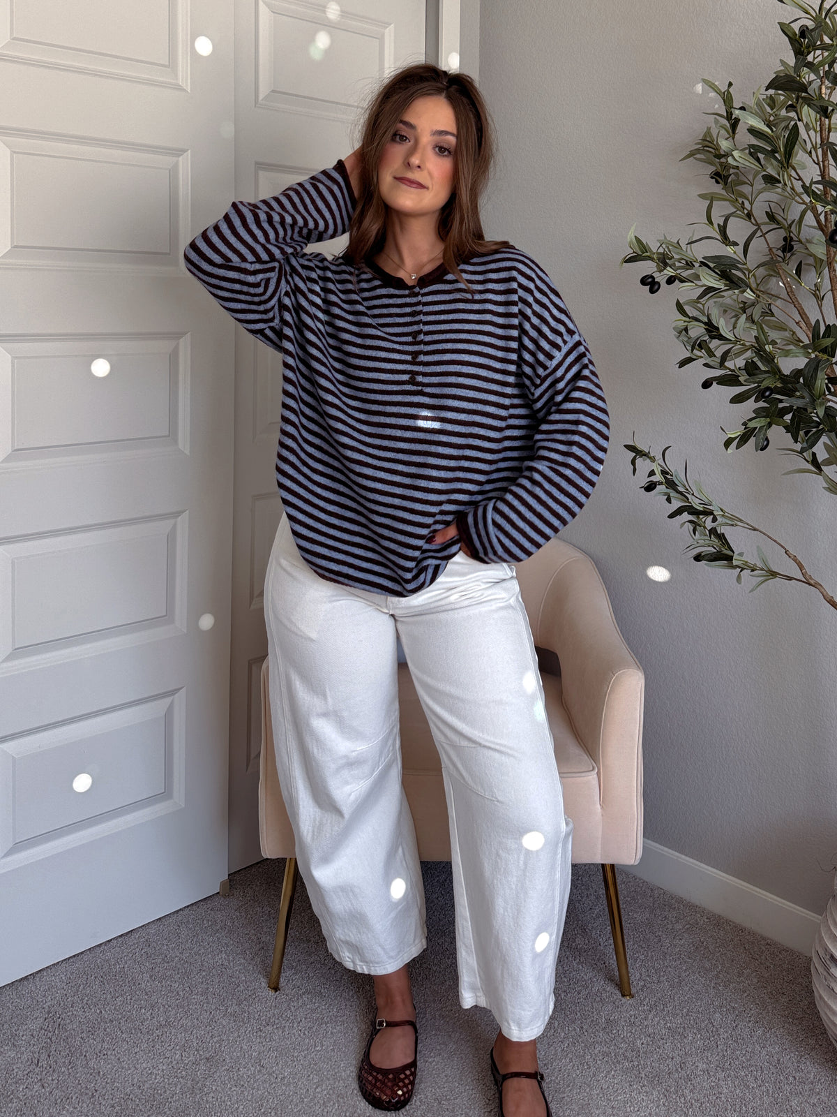 Rae Oversized Striped Henley Sweater (Blue/Chocolate Brown)