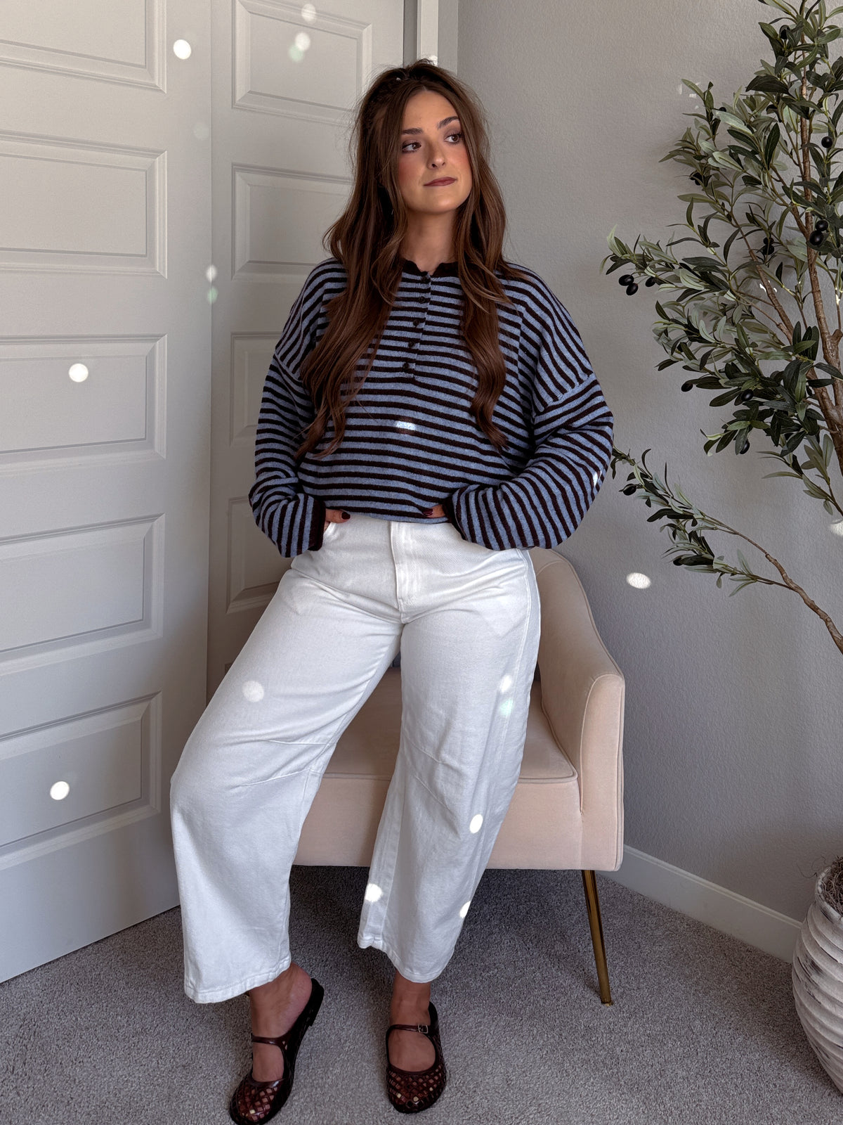 Rae Oversized Striped Henley Sweater (Blue/Chocolate Brown)