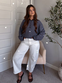 Rae Oversized Striped Henley Sweater (Blue/Chocolate Brown)