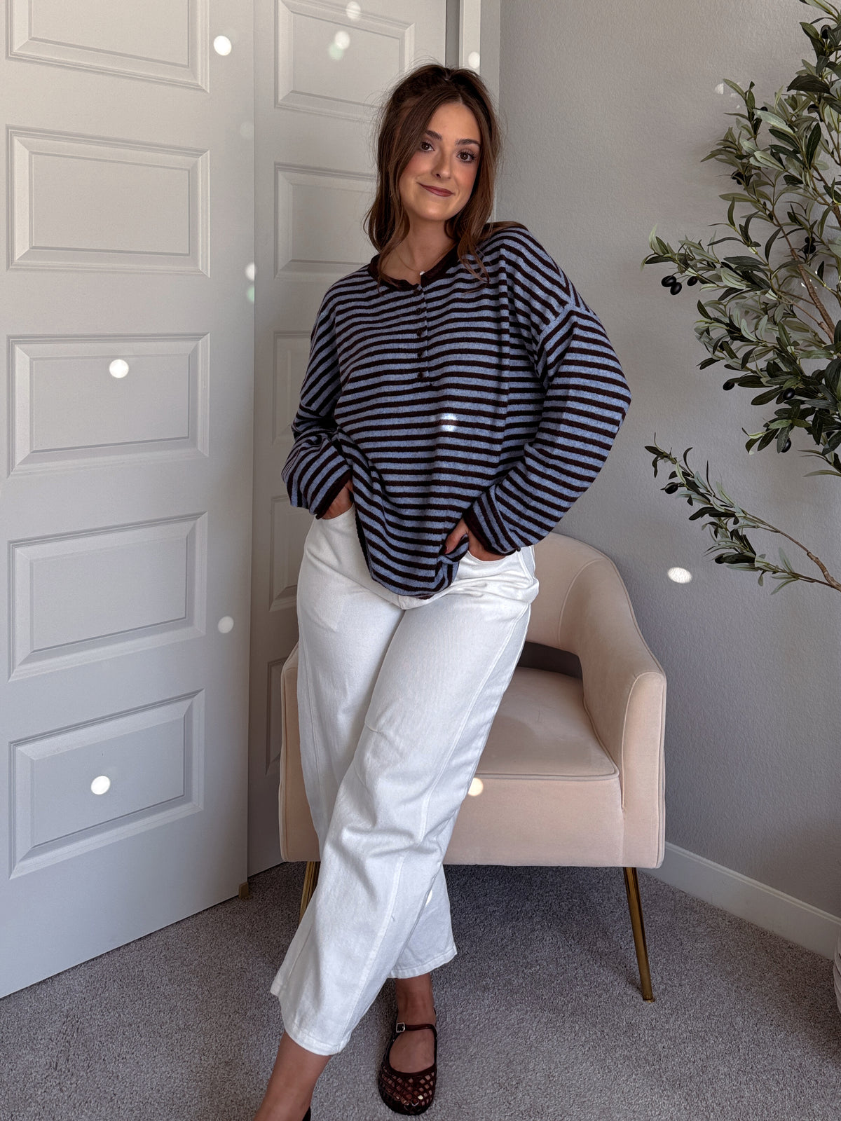 Rae Oversized Striped Henley Sweater (Blue/Chocolate Brown)