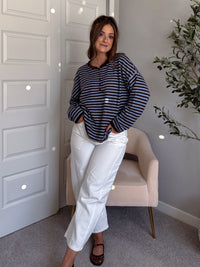 Rae Oversized Striped Henley Sweater (Blue/Chocolate Brown)