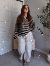 Rae Oversized Striped Henley Sweater (Olive)
