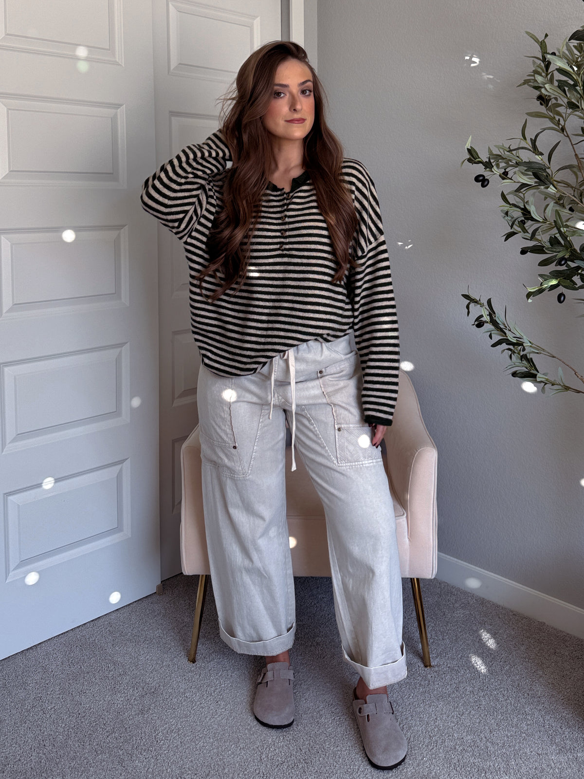 Rae Oversized Striped Henley Sweater (Olive)