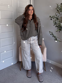 Rae Oversized Striped Henley Sweater (Olive)