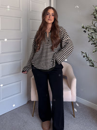 Rae Oversized Striped Henley Sweater (Olive)