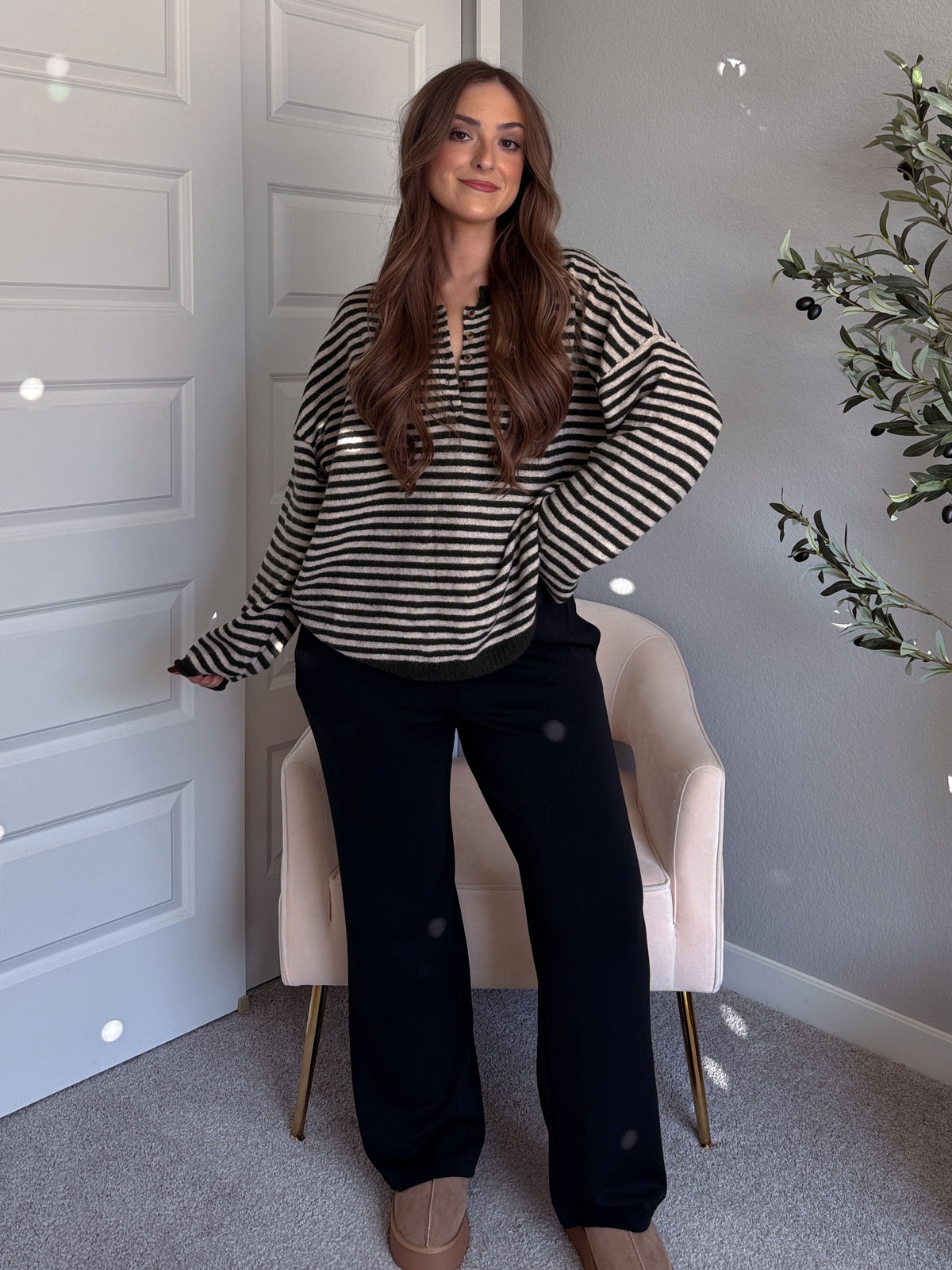 Rae Oversized Striped Henley Sweater (Olive)