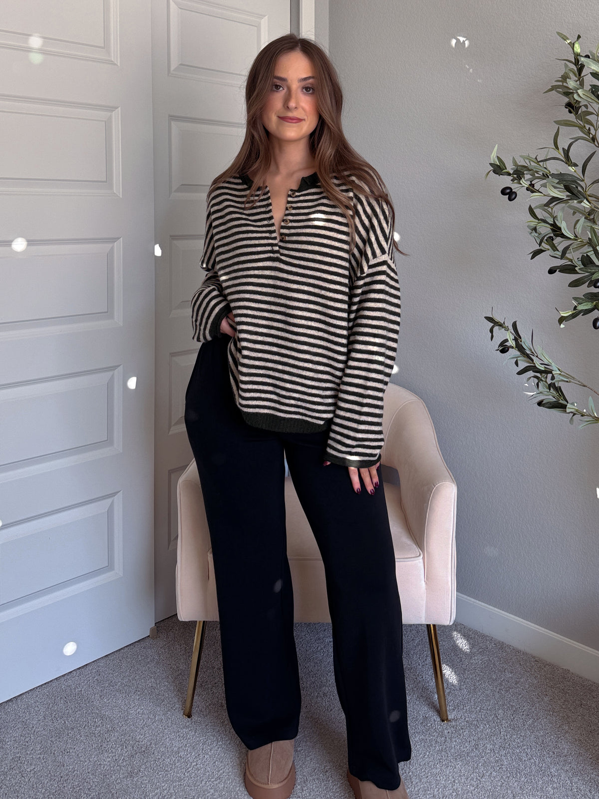 Rae Oversized Striped Henley Sweater (Olive)