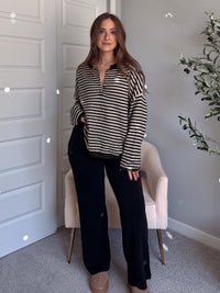 Rae Oversized Striped Henley Sweater (Olive)