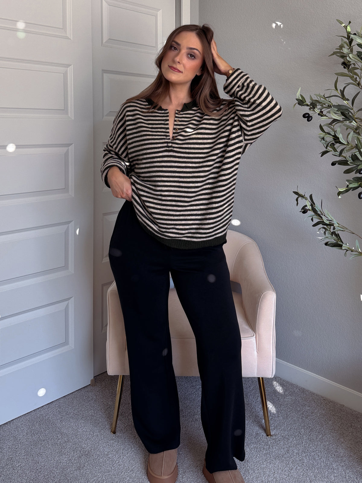 Rae Oversized Striped Henley Sweater (Olive)