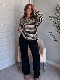 Rae Oversized Striped Henley Sweater (Olive)