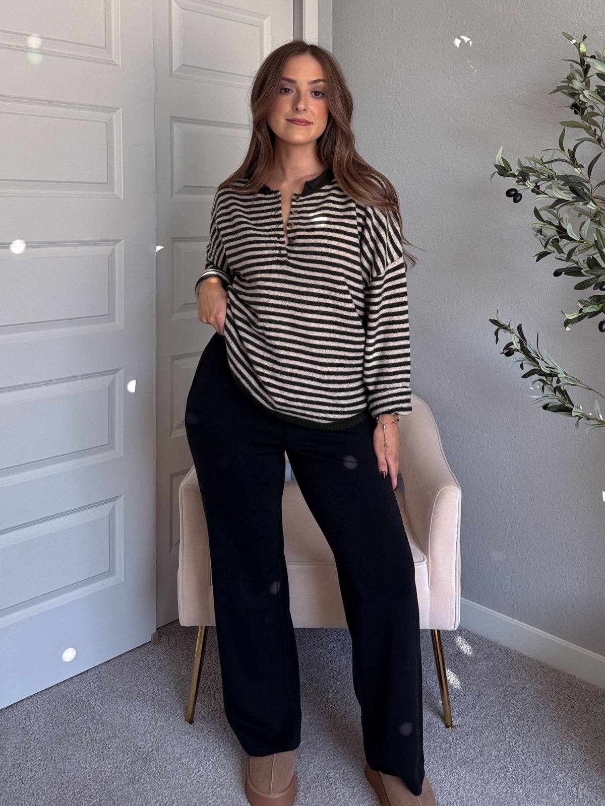 Rae Oversized Striped Henley Sweater (Olive)