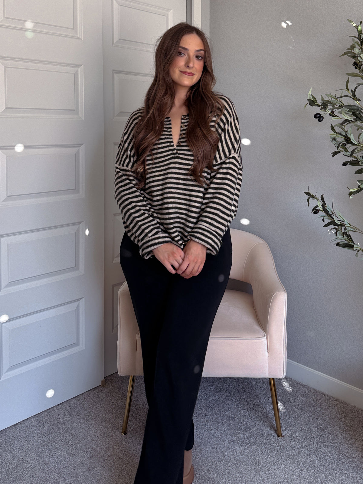 Rae Oversized Striped Henley Sweater (Olive)