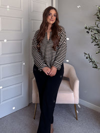 Rae Oversized Striped Henley Sweater (Olive)