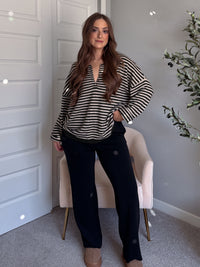 Rae Oversized Striped Henley Sweater (Olive)