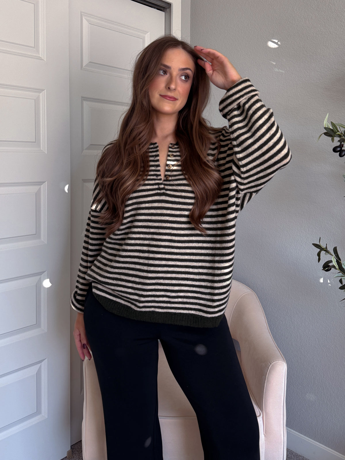 Rae Oversized Striped Henley Sweater (Olive)
