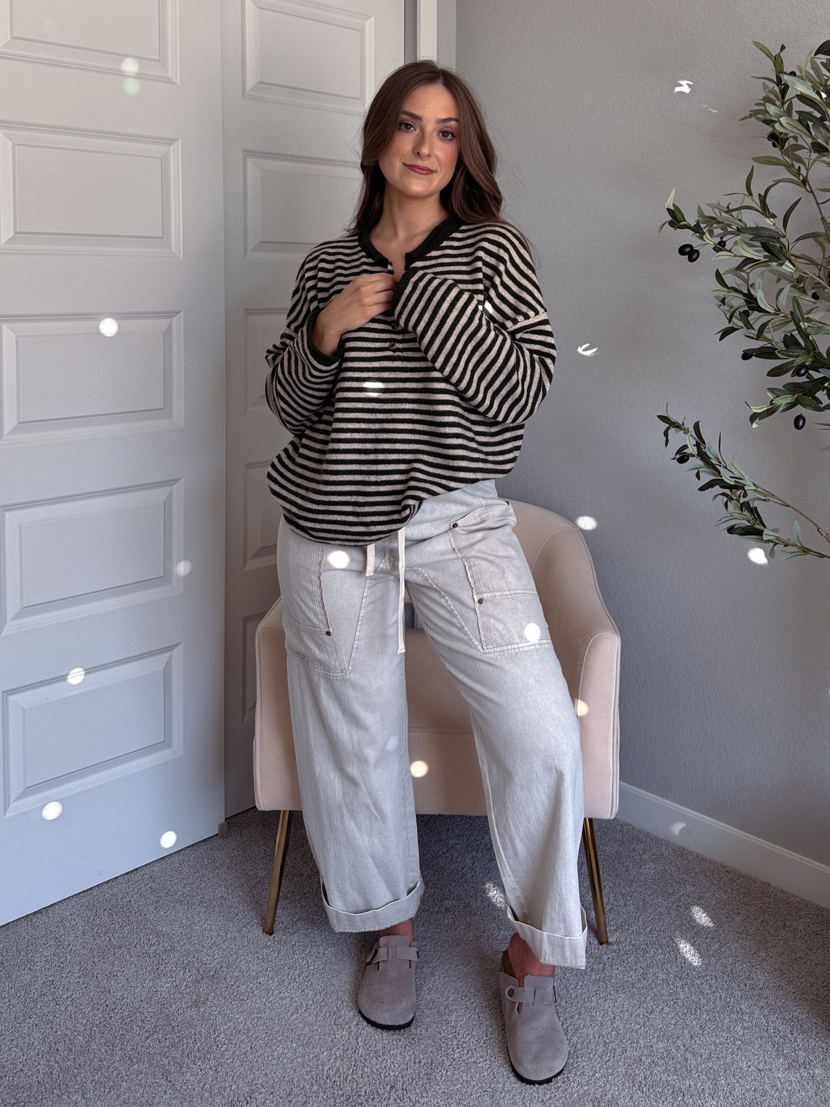 Rae Oversized Striped Henley Sweater (Olive)