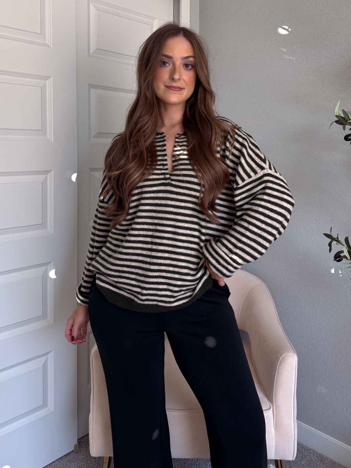 Rae Oversized Striped Henley Sweater (Olive)