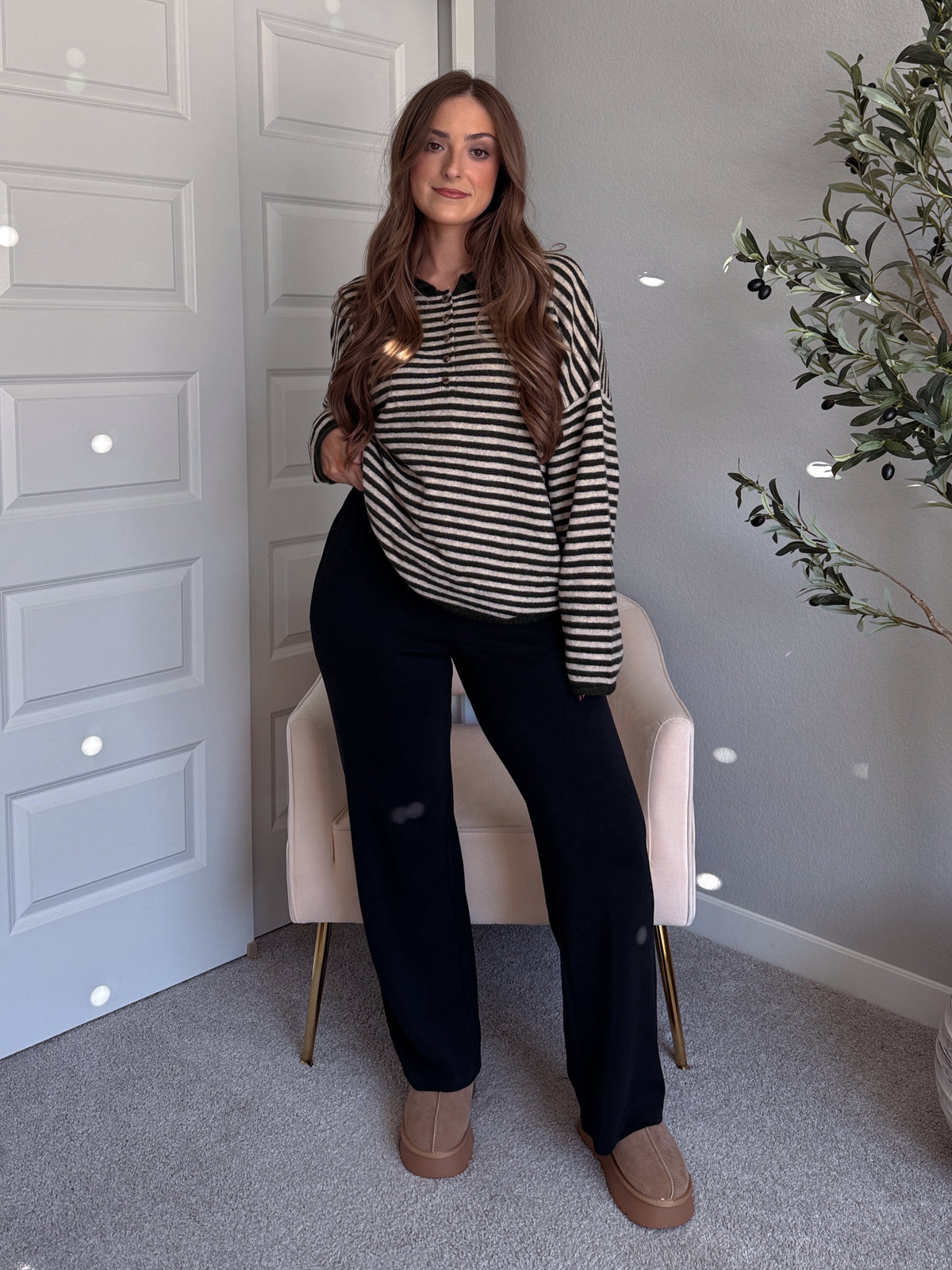 Rae Oversized Striped Henley Sweater (Olive)