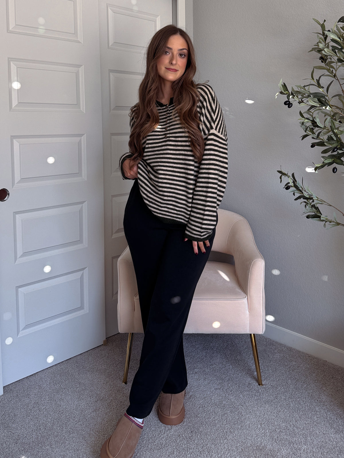Rae Oversized Striped Henley Sweater (Olive)