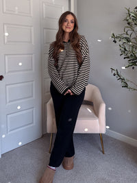 Rae Oversized Striped Henley Sweater (Olive)