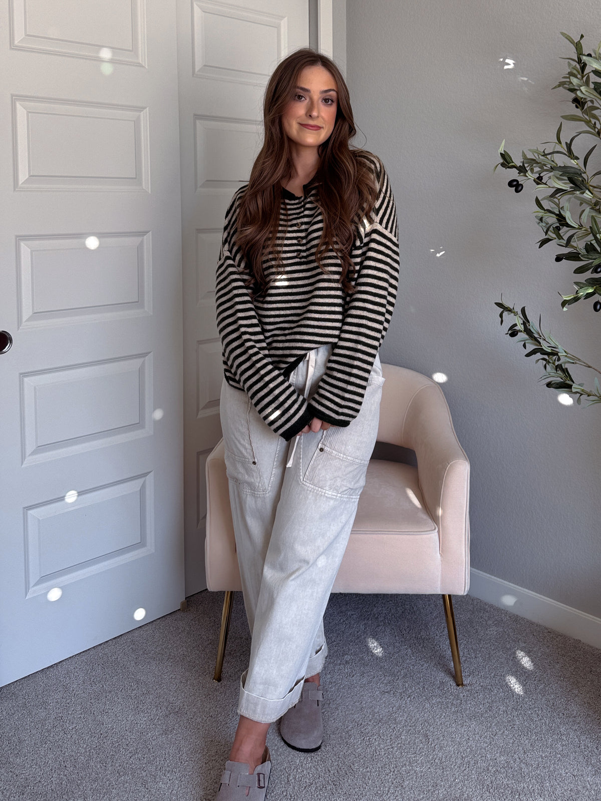 Rae Oversized Striped Henley Sweater (Olive)