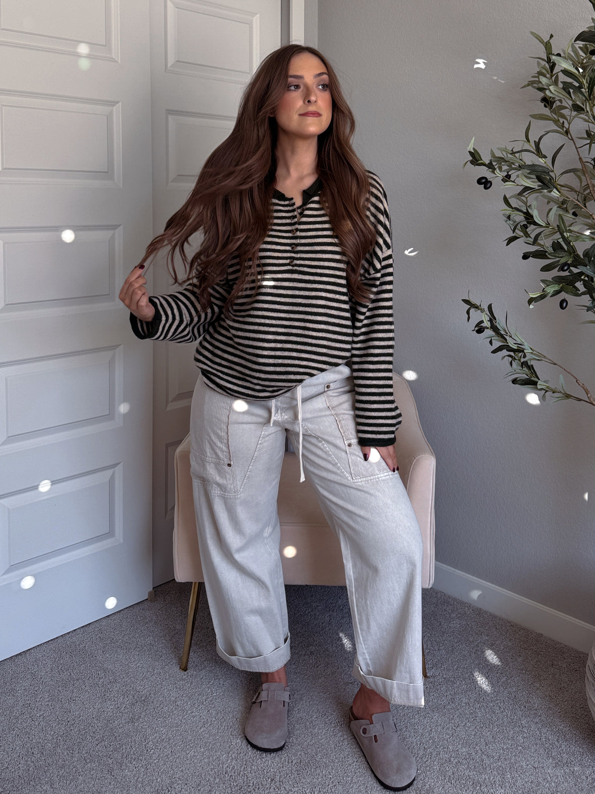 Rae Oversized Striped Henley Sweater (Olive)