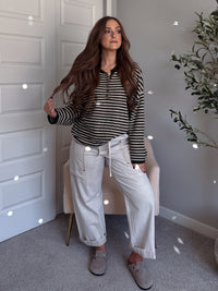 Rae Oversized Striped Henley Sweater (Olive)