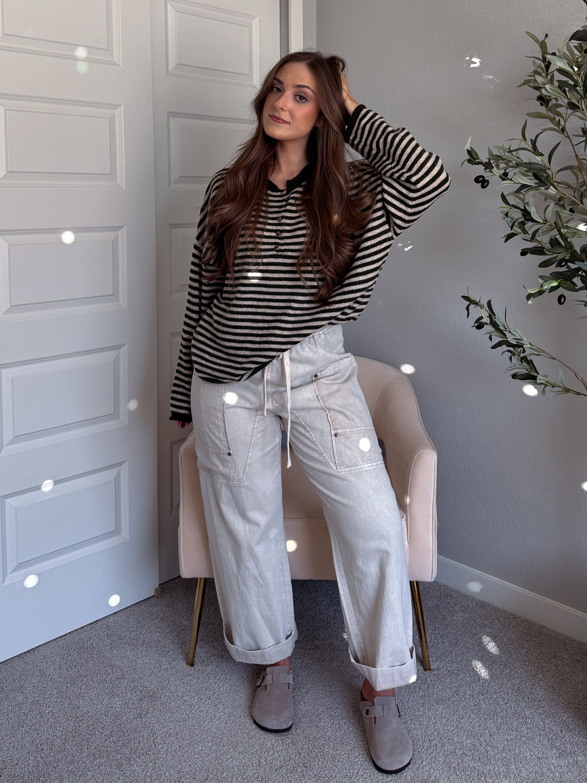 Rae Oversized Striped Henley Sweater (Olive)