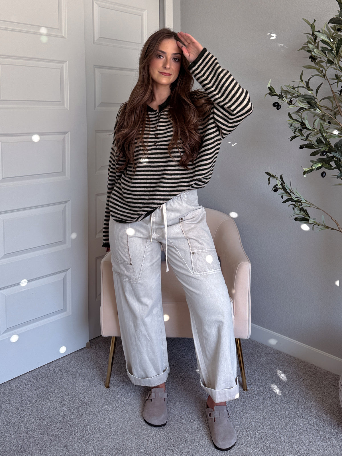 Rae Oversized Striped Henley Sweater (Olive)