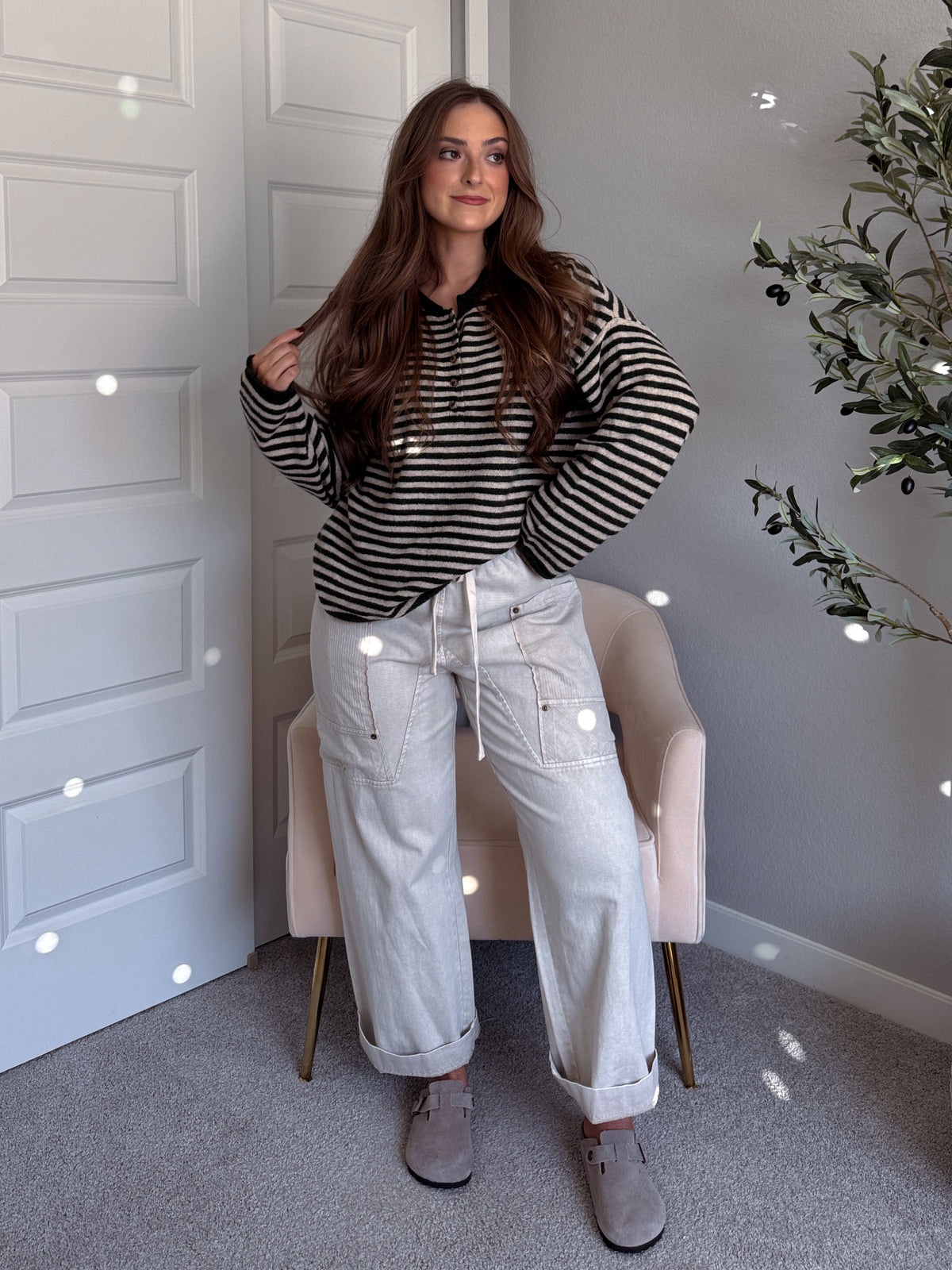 Rae Oversized Striped Henley Sweater (Olive)