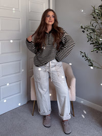 Rae Oversized Striped Henley Sweater (Olive)