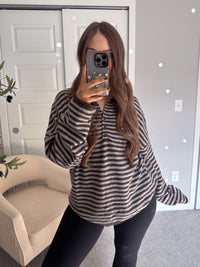 Rae Oversized Striped Henley Sweater (Deep Brown)
