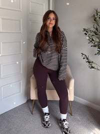 Rae Oversized Striped Henley Sweater (Deep Brown)