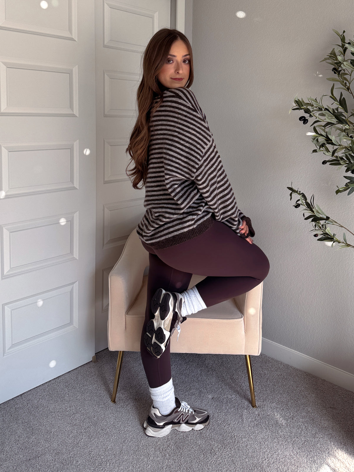 Rae Oversized Striped Henley Sweater (Deep Brown)