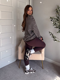 Rae Oversized Striped Henley Sweater (Deep Brown)
