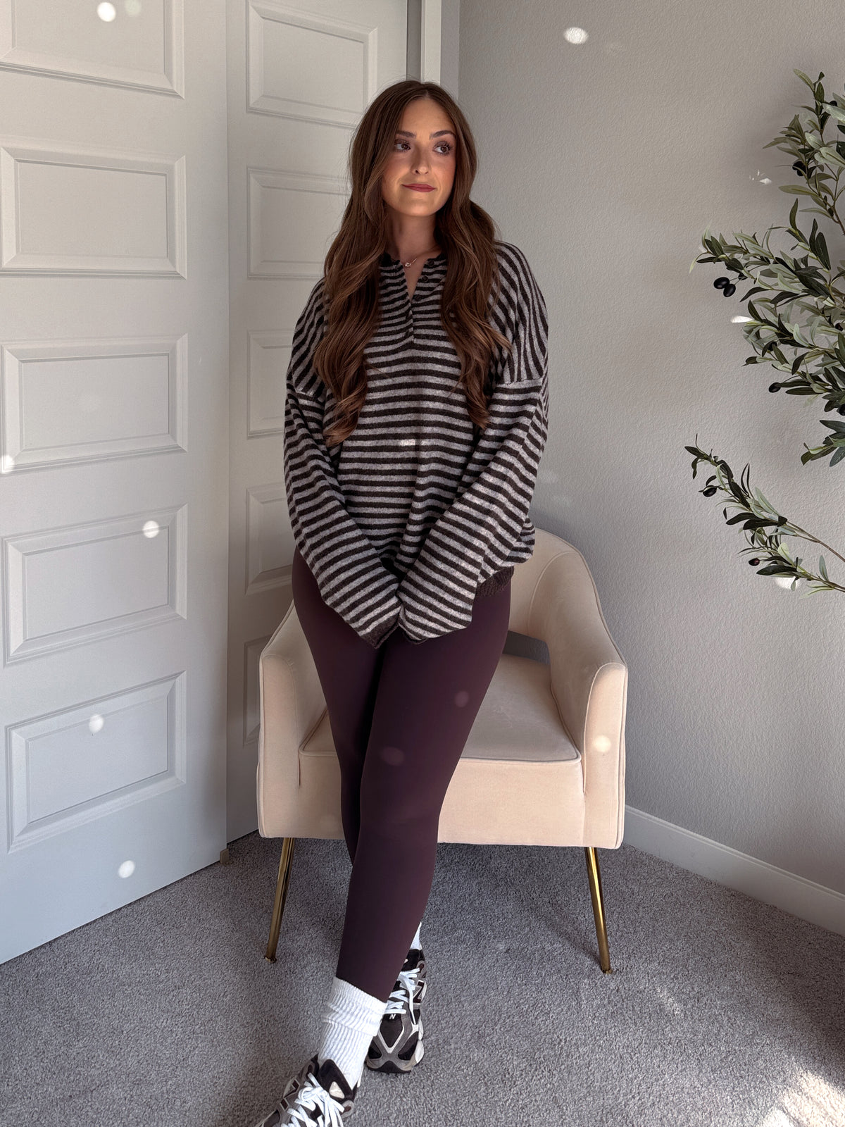 Rae Oversized Striped Henley Sweater (Deep Brown)