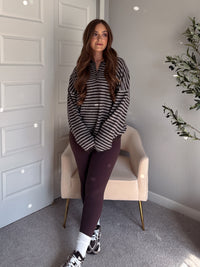 Rae Oversized Striped Henley Sweater (Deep Brown)