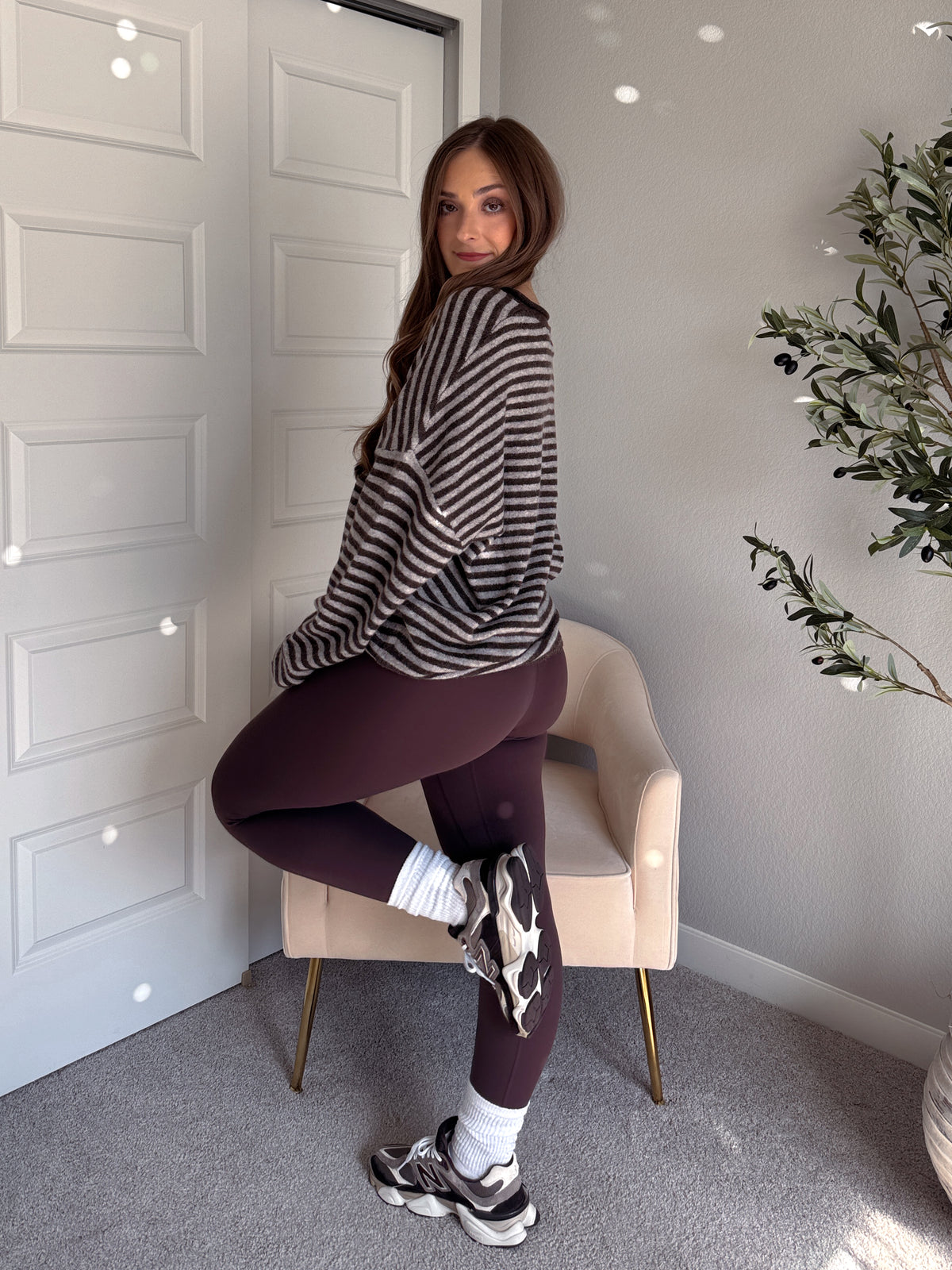 Rae Oversized Striped Henley Sweater (Deep Brown)