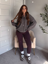 Rae Oversized Striped Henley Sweater (Deep Brown)