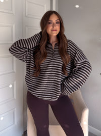 Rae Oversized Striped Henley Sweater (Deep Brown)