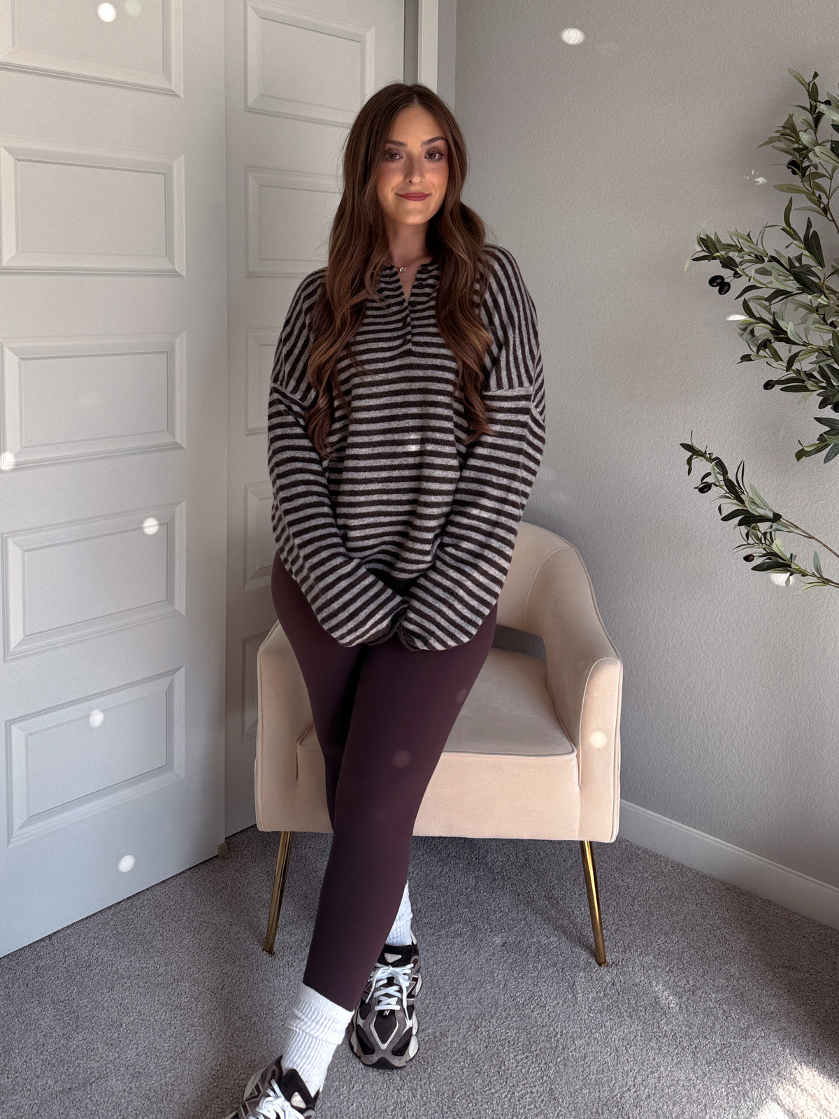 Rae Oversized Striped Henley Sweater (Deep Brown)